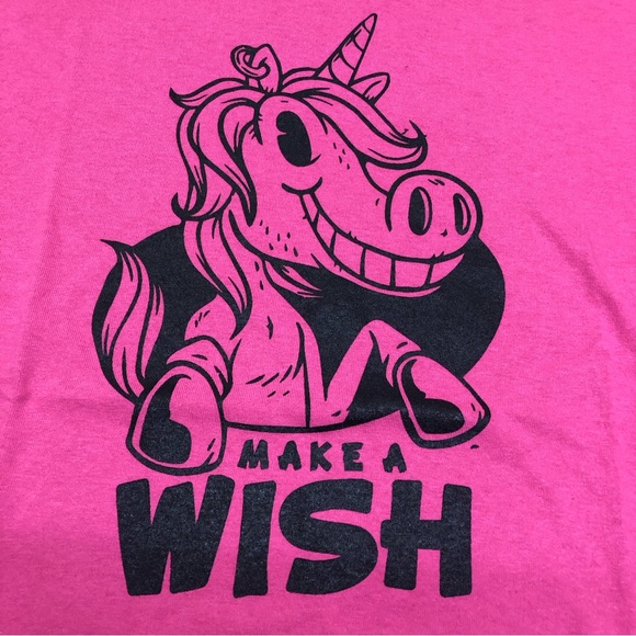 Cartoon Unicorn Make A Wish Parody Funny Graphic T-Shirt Men’s Large Pink New - Picture 2 of 4